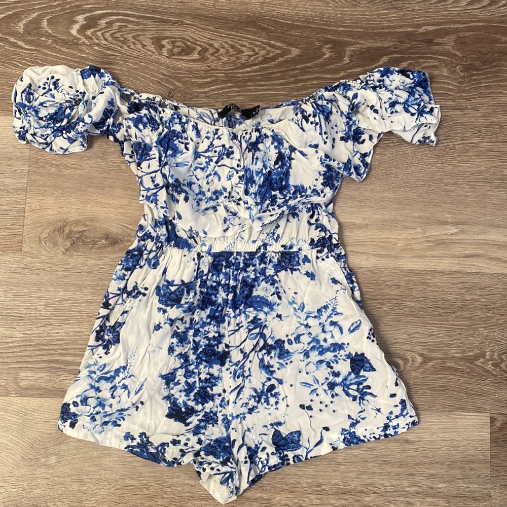 Blue and white short off the shoulder romper